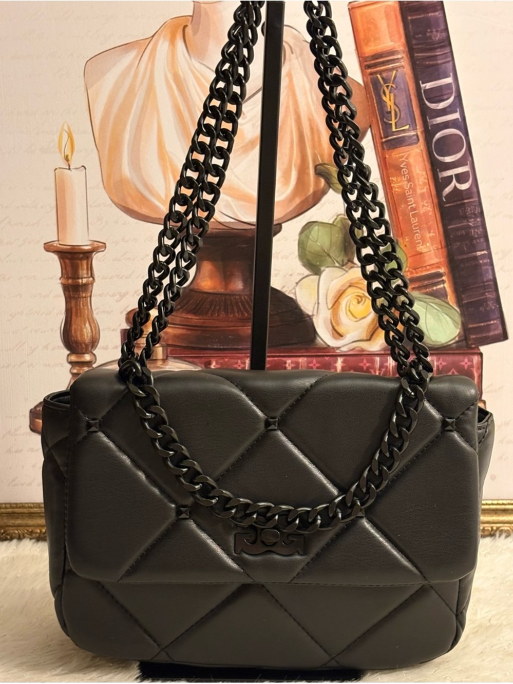 Gilda Paris Quilted Shoulder Bag with Chain Straps - Black